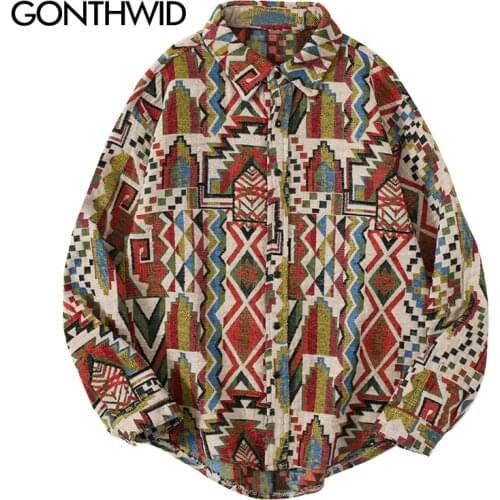 GONTHWID National Style Knitted Geometric Patterns Color Block Button Shirts Harajuku Casual Long Sleeve Tees Tops Streetwear