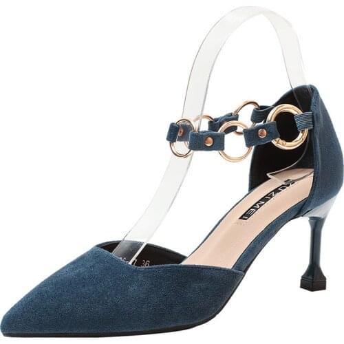 Women pumps Flock Slip On 5CM 7CM Thin Heels High heels Pointed Toe Shallow shoes for women women shoes 2020 size 35-42 black