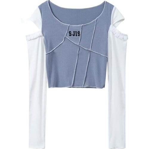 Off Shoulder Skinny Cropped T Shirt Women 2021 Spring Long Sleeve Bodycon Aesthetic Vintage Irregular Patchwork Tees Female Tops