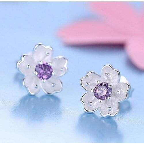 SMJEL New Fashion Purple Crystal Cherry Blossom Flower Stud Earrings for Women Daisy Statement Earrings brincos Birthday Gifts