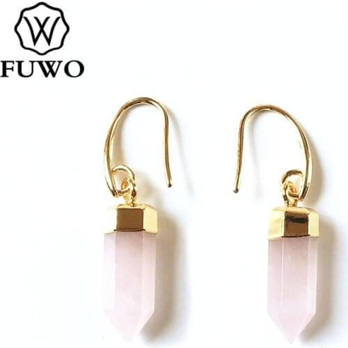 FUWO Natural Pink Quartz Amethysts Earrings With Gold Trimmed Fashion Tiny Bullet Shape Dropped Earrings For Women ER256