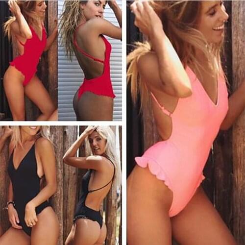 2019 Sexy One Piece Swimsuit Hollow Out Swimwear Women Monokini Solid Bodysuit Ruffle Brazilian Vintage Bathing Suit Beach Wear