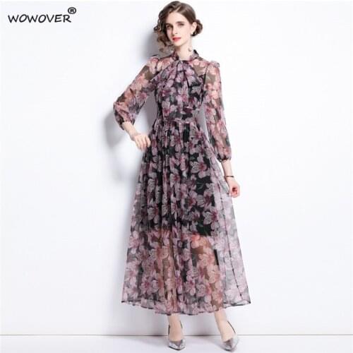 Runway Designer Womens Bow Collar Floral Mesh Long Maxi Party Dresses Autumn Elegant Full Sleeve Vintage Sexy Holiday Vestidos