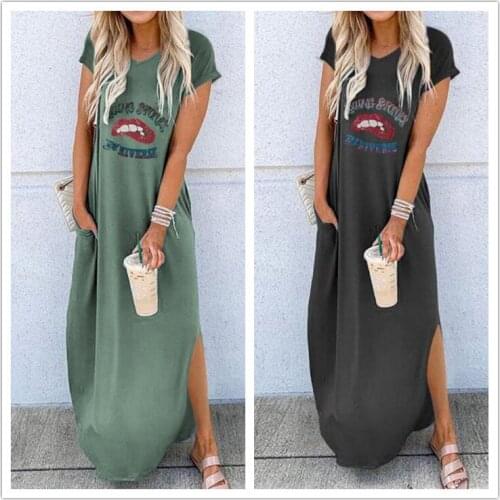 Dress Women Summer European New Hot Style Round Collar Short Sleeve V Neck Long Loose Dresses Casual Vestidos BLK9302