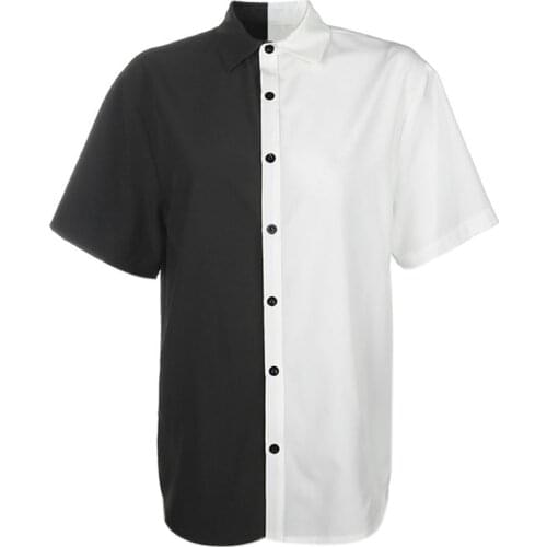 Women Goth Half Sleeve Lapel Dress Black White Color Block Button Loose Blouse 094B