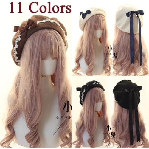 11 Colors Lolita Berets Wool Blend Hat Handmade Kawaii Women Girls Lace Bowknot Ribbons Chic Cap Preppy White Black Pink Brown