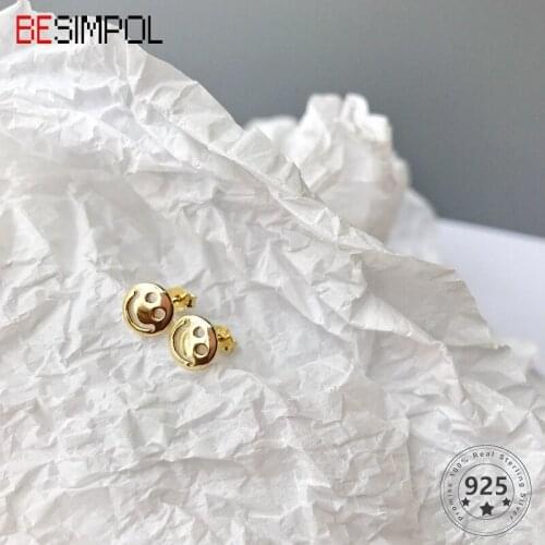Besimpol Unique Design Simple Earrings 925 Sterling Silver Happy Smile Face Stud Earrings For Women Party Fashion Fine Jewelry