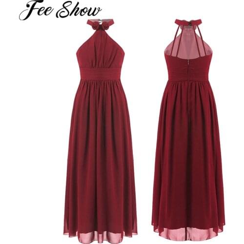 Kids Girls Birthday Wedding Party Dress Sheer Color Halter Neck Sleeveless Caged Back Ruffled Chiffon Tulle Mesh Dance Dress