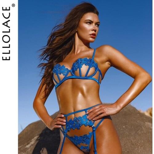 Ellolace Sensual Lingerie Woman Underwear Erotic Hollow Out Brief Sets Push up Underwire Bra Graters Thongs Fancy Bilizna Set