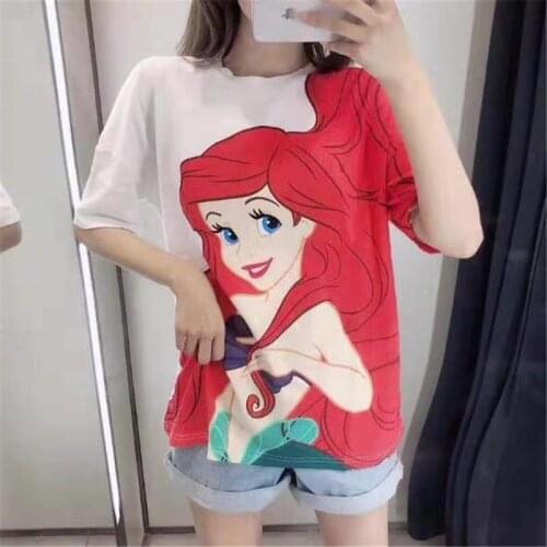Disney The Little Mermaid Ariel T-Shirt Short Sleeve Womens T-shirt Casual Cartoon O-Neck Tee Tops Summer Girls Loose Clothing