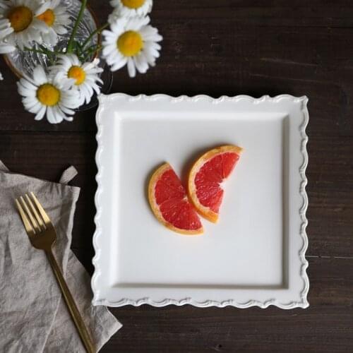 Ceramic Cream Roll Grass Side Embossed Quadrilateral Plate/Western Food Plate/Tray
