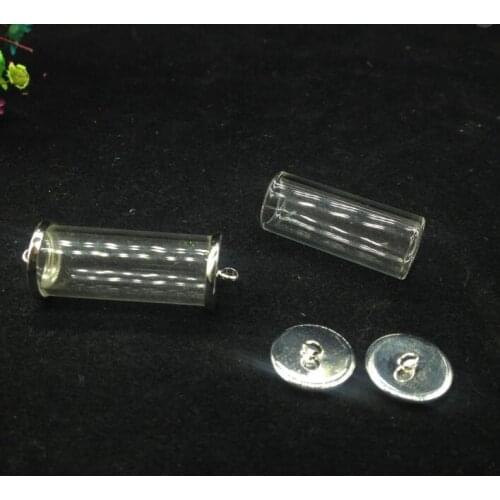 3sets/lot 28*12mm tube glass globe silver plated cover button base set no filler glass vail bottle dome necklace pendant jewelry