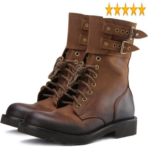 Cow Luxury Genuine Brand Retro Leather Western Boots Men High Top Round Toe Lace Up Riding Motorcycle Botas Platform Safety Shoe