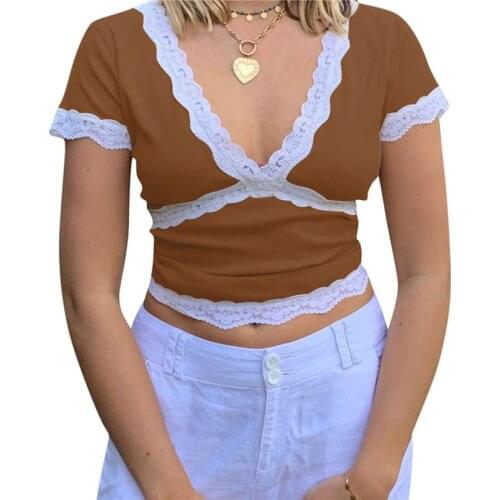 Summer Women’s Short Sleeve Crop Tops Patchwork Lace Decorations Deep V-neck Short Clothes Sling Ladies Vest Tops T-shirt