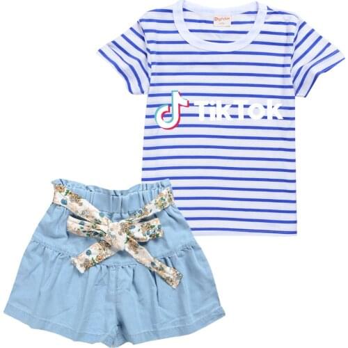 TIK TOK Girls summer fashion cotton short sleeve striped T-shirt + denim skirt set