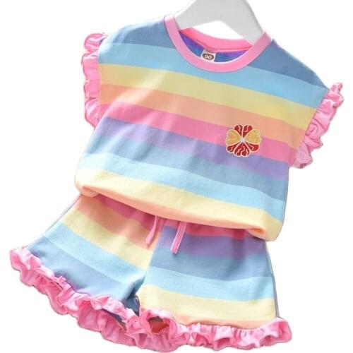 2021 Summer Kids Girls Clothing Set Short Sleeve Rainbow Striped T-Shirt And Shorts Two-Piece Set Children Clothes Suits