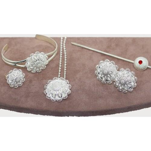 Dubai Jewelry Sets for Women Middle East Arab Silver Earring Ring Pendant Bangle Hairpin Africa Collares Ethiopian wedding Gift