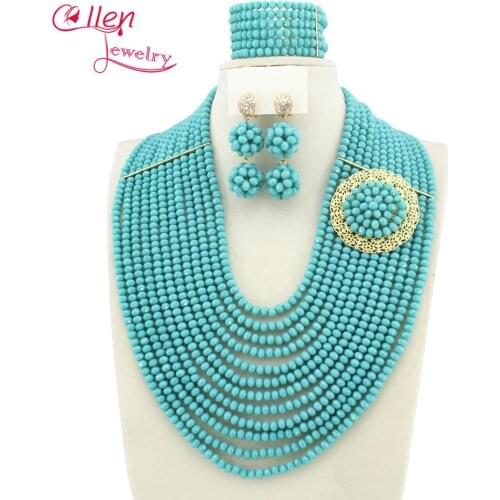 Newest African Beads Jewelry Set Nigerian Party African Blue Jewelry Sets Crystal Beads Jewelry Sets W10144