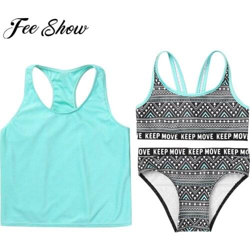 New Kids Girls Beachwear Swimwear Swimming Suit Sleeveless Cropped Tops with Round Neck Racer Back Vest Tops and Briefs Set
