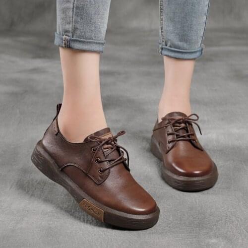 2021 Spring New First Layer Cowhide Retro Deep Mouth Lace-up Flat Leather Shoes Soft Sole Work Casual Single Shoes Womens Shoes