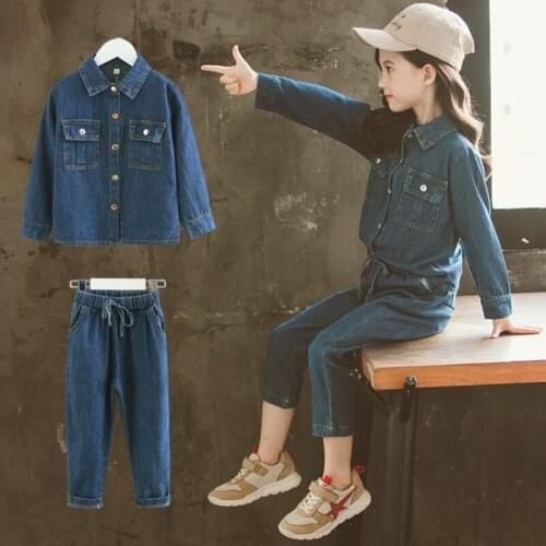 New Arrive School Girls Autumn Casual Denim Jackets Jeans 2pcs Clothing Sets Girls Solid Cotton Clothing Suit Kids Clothing Sets