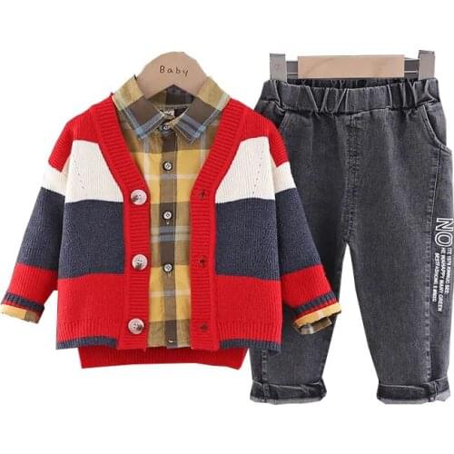Brand design autumn winter 2021 new boys' Knitted suit, knitted coat + shirt+ trousers, 3 pieces of cotton, versatile