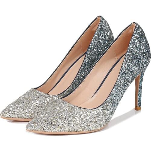 Sexy Wedding Women Fetish Shoes women pumps Sequined Cloth Slip On 5CM 7CM 9CM Thin High Heels Pointed Toe Rhinestones Shallow