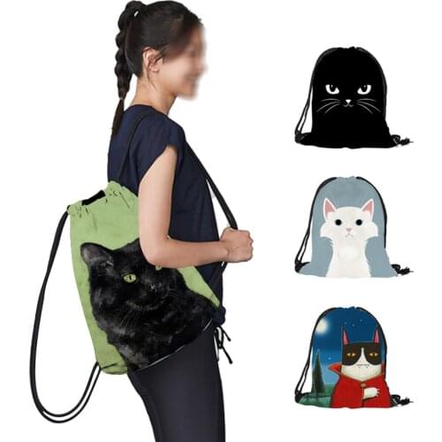 Black Cat Print Animal Art Portable Sports Bag Drawstring Backpack Gym Drawstring Shoes Bag Clothes Backpacks