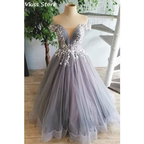 Gray Applique Evening Dress Sweep Train Ruffels Off Shoulder вечерние платья ons Backless Laces A-line Sweep Train Prom Dress