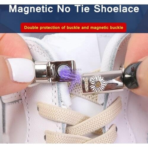 1Set Daisy Magnetic Lock Shoelaces Elastic Flat Shoelace Safety Quick Lock Black Shoe Lace Sneakers Unisex Kids ShoeLace Strings