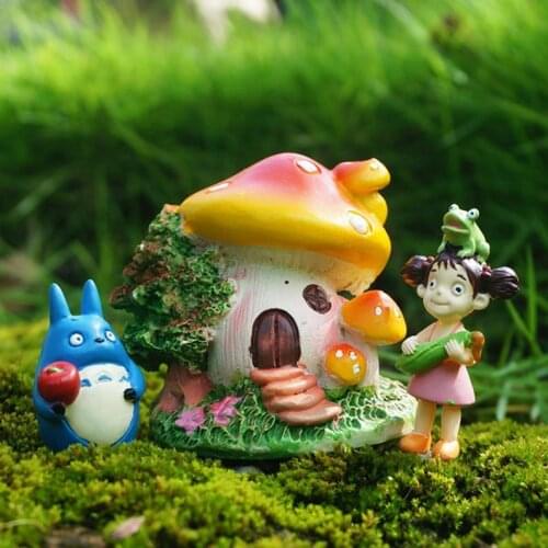 Fairy Garden Miniature Set of 3 Totoro Girl with Frog and Mushroom House Ghibli Figurines Terrarium DIY Accessories