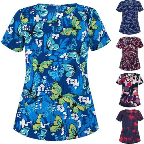 Scrubs Top New Women Fashion Short Sleeve Neck Tops Butterfly print Working Uniform Blouse Shirt uniformes de enfermera mujer