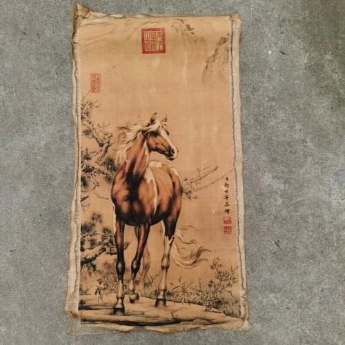 Old Chinese calligraphy Scroll painting Hand Painted Lang Shi ning horses slic