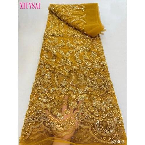 High-End Handmade Beaded Lace Fabric Gold Embroidery French Lace Wedding Dress Embroidered Aqua Tulle Fabric