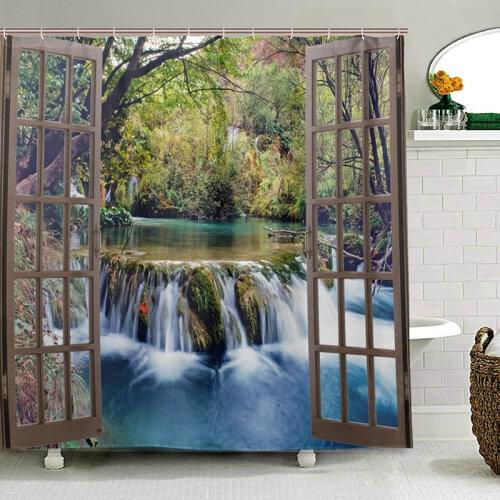Wide Waterfall Deep Down in The Forest Seen from A City Window Epic Surreal Decorative Shower Curtain Landscape Bathroom Curtain