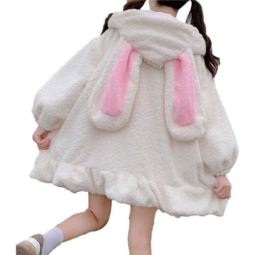 Hoodies Women Large Size Solid Zip-up Long Lantern Sleeve Hooded Rabbit Ears Cute Sweet Girls Harajuku Warm Baggy Sweatshirts