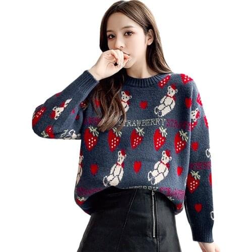 Sweet Preppy Knitted Sweater Women Atumn Winter Korean New Kawaii Cartoon Bear Strawberry Female Pullovers Cute Knitwear Tops