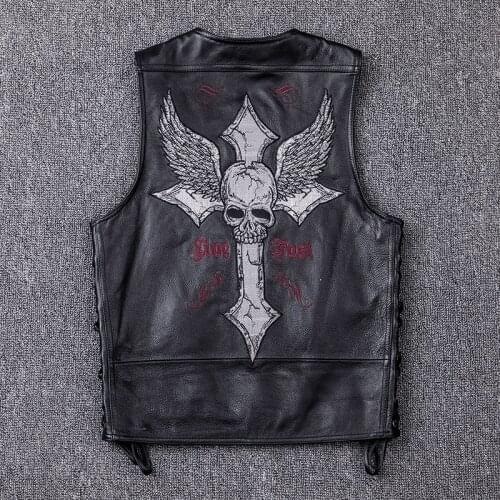 Mens Cowskin Leather Motorcycle Vest Embroidery Skull Cosplay Costume Men Spring Sleeveless Jackets Black Biker Gilet