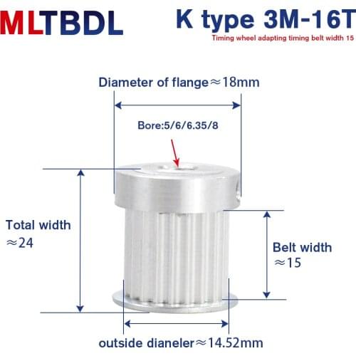 3M 16T Timing Pulley 5/6/6.35/8mm Bore Gear Pulley 3mm Pitch 15mm Belt Width K type Aluminum Synchronous Timing Belt Pulleys