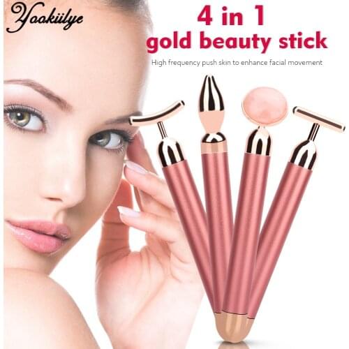 4 In 1 Rose Quartz Roller Face Roller Facial Vibrating Massage Stick Golden Beauty Bar Massager Thin Chin Face-lift Anti-Aging