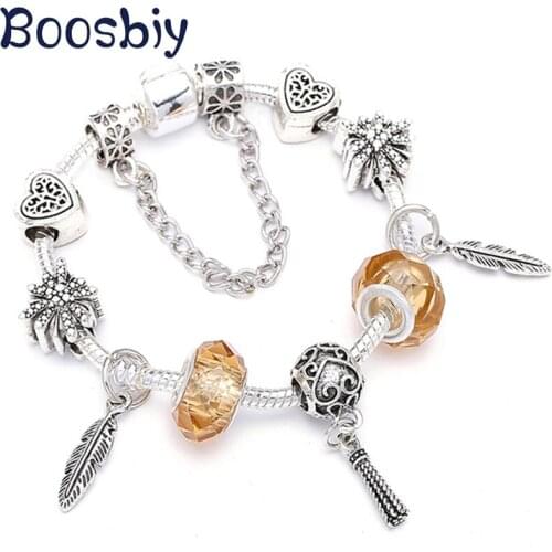 Boosbiy Dropshipping DIY European Style Charm Bracelet With Feather Pendant Fits Brand Bracelet for Women Romantic Jewelry Gift