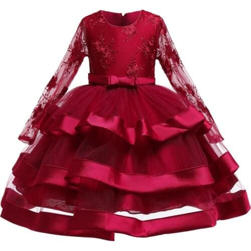Children dress girls long-sleeve embroidered hollow lace princess dress flower girl wedding dress multi-layer small dress
