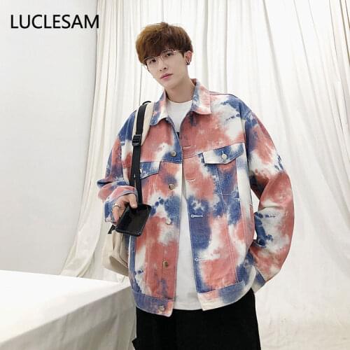 Male Tie Dye Jeans Jacket Harajuku Streetwear Mens Fashion Patchwork Color Cowboy Coat 2020 Casual Loose Autumn Denim Jacket Men
