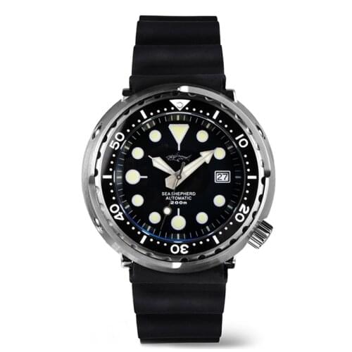Heimdallr Mens Tuna Can Diver Watch Sapphire Glass Black Dial Ceramic Stainless Automatic Movement 200m Water Resistant Lume