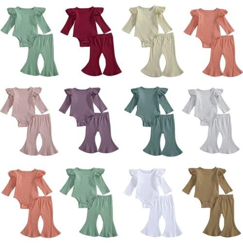 Newborn Baby Girl Solid Color Clothes Sets Long Sleeve Cotton Bodysuit Tops Flared Pant Bell Bottom 2PCS Outfits