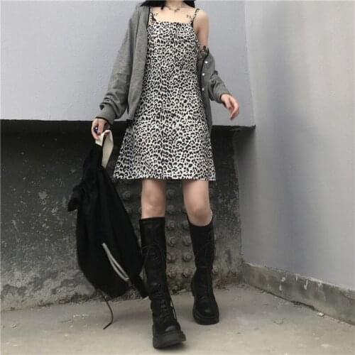 Korean Fashion Sling Leopard Dress for Girls Summer Gothic Clothing Womens Birthday Party Mini Sexy Dresses Dark Goth Streetwear