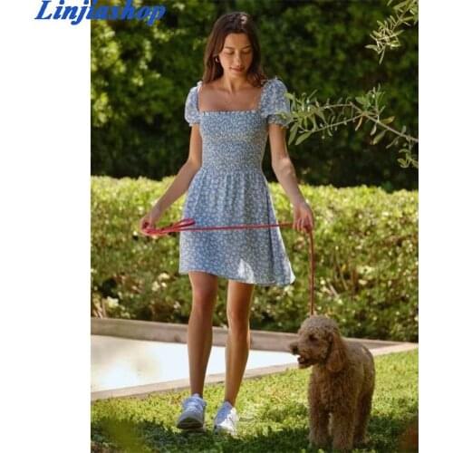 Fashion summer dress short sleeves elastic lining chic floral print holiday beach mini dress women femme vestidos