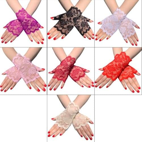 Women Summer Hollow Out Floral Lace Fingerless Gloves UV Sun Protection Driving Wedding Bridal Short Half Finger Mittens Up