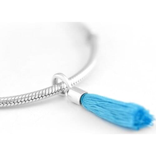 Fits For Pandora Charms Bracelets Blue Fabric Tassel Dangle Beads 100% 925 Sterling-Silver-Jewelry Free Shipping