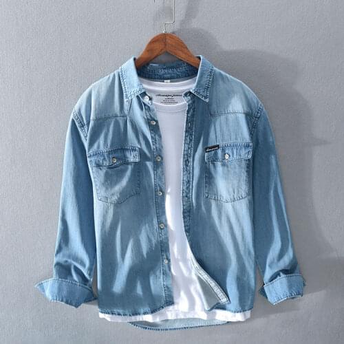 Japanese Style Spring Autumn Fashion Men Shirts Light Blue Long Sleeve Cotton Casual Shirts Vintage Designer Denim Shirt Hombre